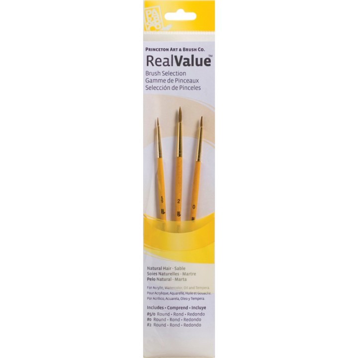 Princeton RealValue Round Brush Set, Camel Bristles, Short Handle Mixed Media Paintbrush, Yellow, 3 Pieces