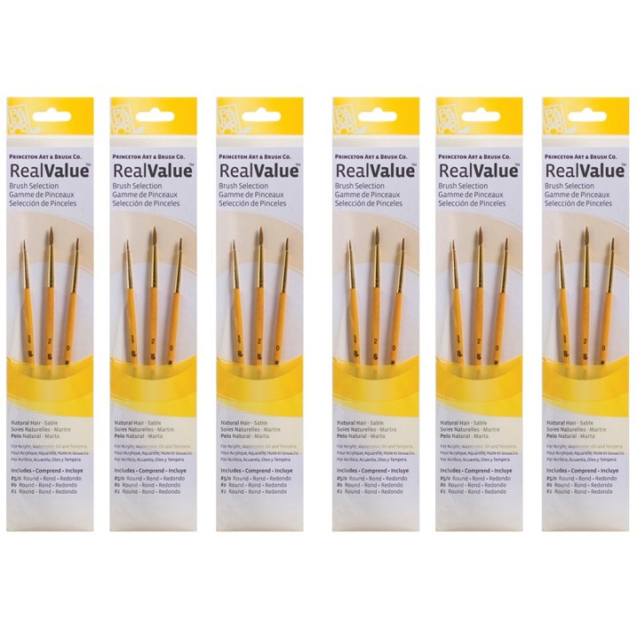 Princeton RealValue Round Brush Set, Camel Bristles, Short Handle Mixed Media Paintbrush, Yellow, 3 Per Set, 6 Sets