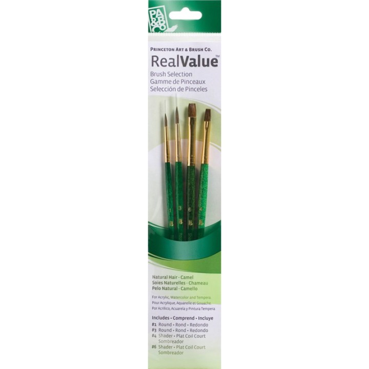Princeton RealValue Brush Set, Camel Bristles, Short Handle Mixed Media Paintbrush, Green, 4 Pieces