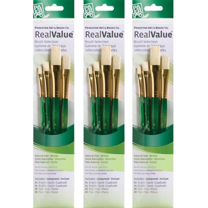 Princeton RealValue Brush Set, Natural Bristles, Short Handle Mixed Media Paintbrush, Green, 4 Per Set, 3 Sets
