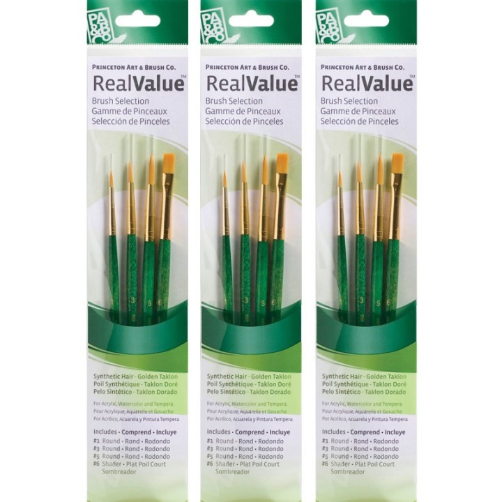 Princeton RealValue Brush Set, Gold Taklon Bristles, Short Handle Mixed Media Paintbrush, Brown, 4 Per Set, 3 Sets