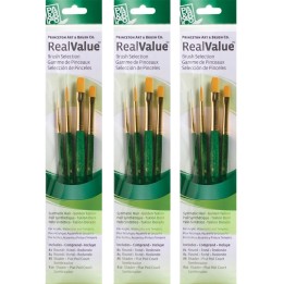 Princeton RealValue Brush Set, Gold Taklon Bristles, Short Handle Mixed Media Paintbrush, Green, 4 Per Set, 3 Sets
