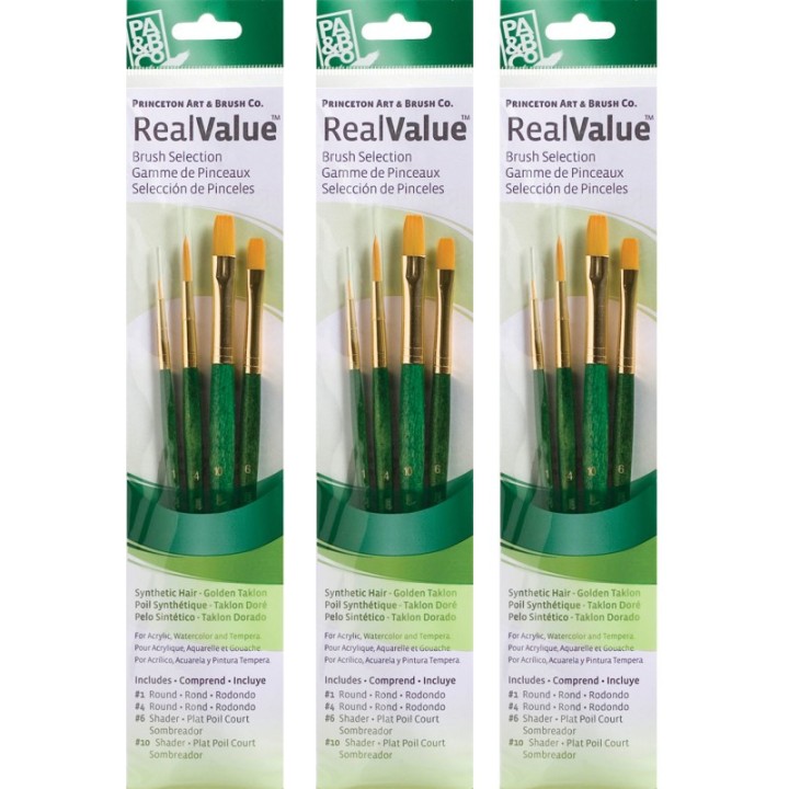 Princeton RealValue Brush Set, Gold Taklon Bristles, Short Handle Mixed Media Paintbrush, Green, 4 Per Set, 3 Sets