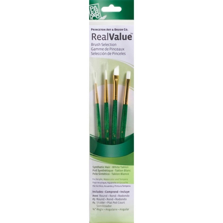 Princeton RealValue Brush Set, White Taklon Bristles, Short Handle Mixed Media Paintbrush, Green, 4 Pieces