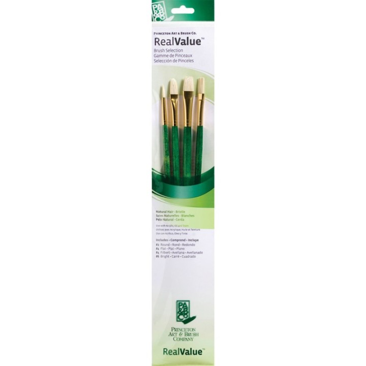 Princeton RealValue Brush Set, Natural Bristles, Long Handle Mixed Media Paintbrush, Green, 4 Pieces