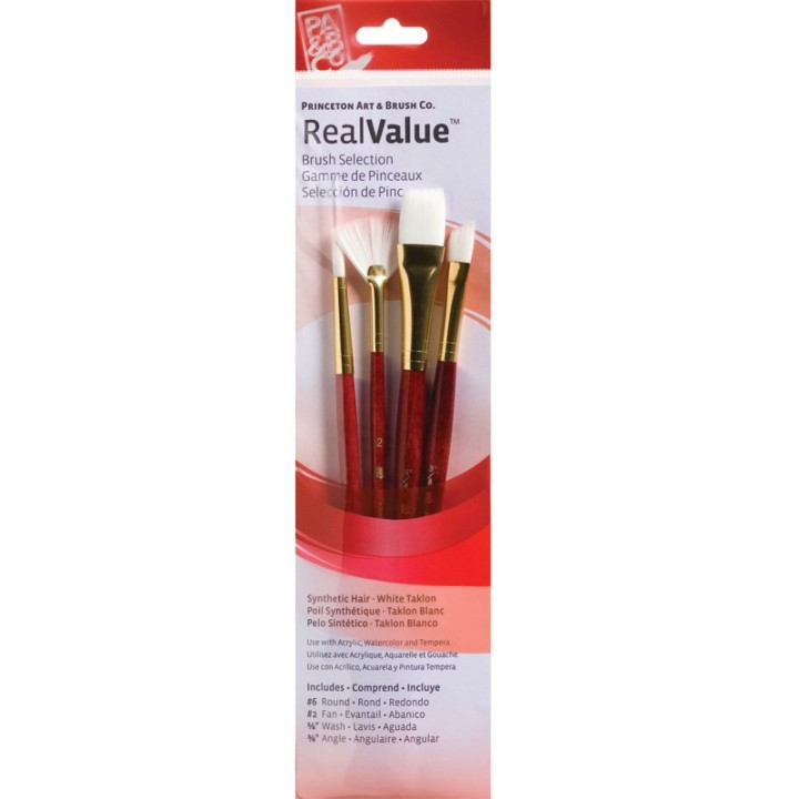 Princeton RealValue Brush Set, White Taklon Bristles, Short Handle Mixed Media Paintbrush, Red, 4 Pieces