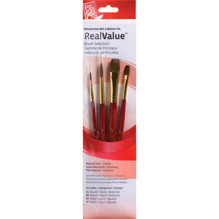 Princeton RealValue Brush Set, Camel Bristles, Short Handle Mixed Media Paintbrush, Red, 4 Pieces