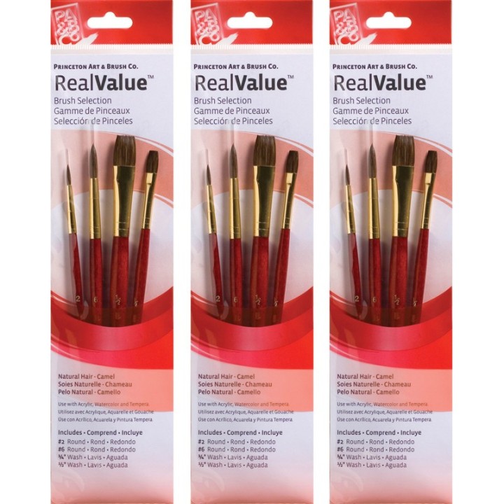 Princeton RealValue Brush Set, Camel Bristles, Short Handle Mixed Media Paintbrush, Red, 4 Per Set, 3 Sets