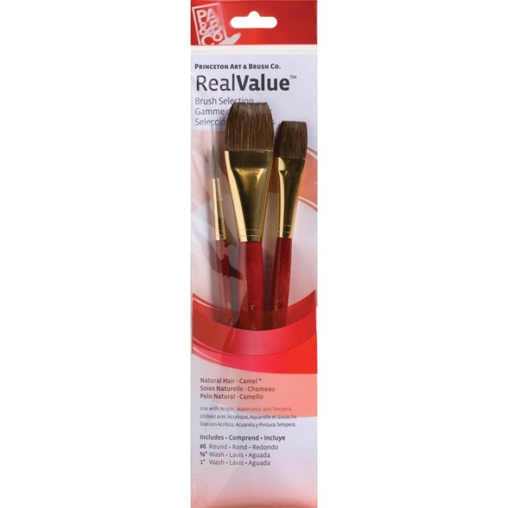 Princeton RealValue Brush Set, Camel Bristles, Short Handle Mixed Media Paintbrush, Red, 3 Pieces