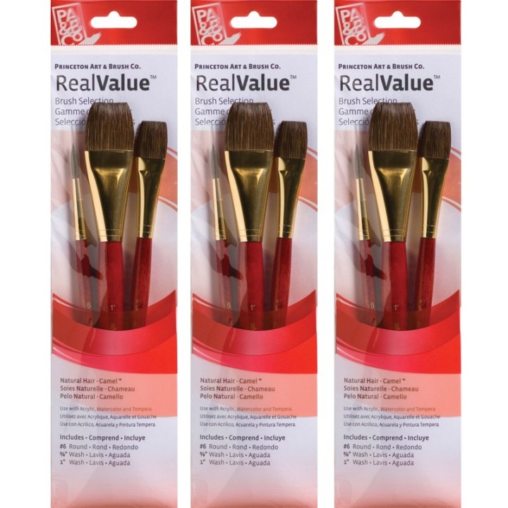 Princeton RealValue Brush Set, Camel Bristles, Short Handle Mixed Media Paintbrush, Red, 3 Per Set, 3 Sets