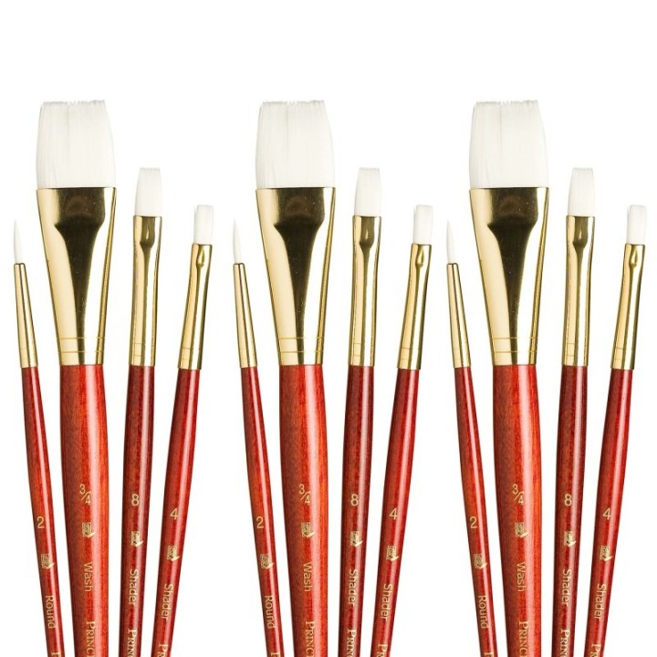 Princeton RealValue Brush Set, White Taklon Bristles, Short Handle Mixed Media Paintbrush, Red, 4 Per Set, 3 Sets