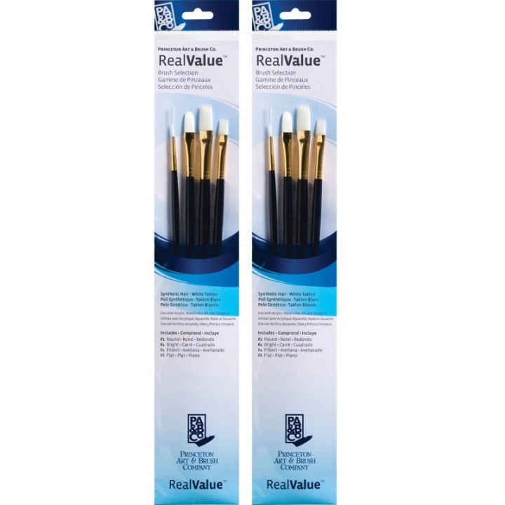 Princeton RealValue Brush Set, White Taklon Bristles, Long Handle Mixed Media Paintbrush, Dark Blue, 4 Per Set, 2 Sets