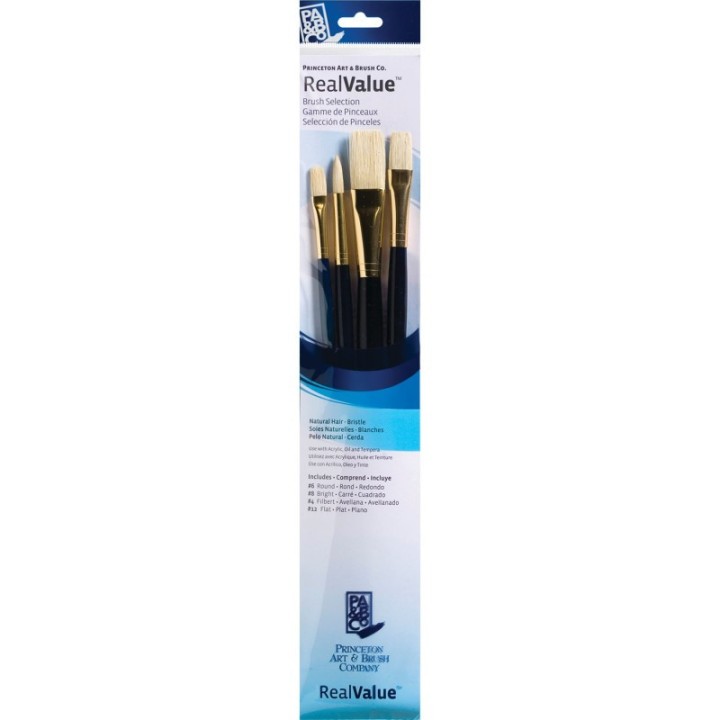 Princeton RealValue Brush Set, Natural Bristles, Long Handle Mixed Media Paintbrush, Dark Blue, 4 Pieces