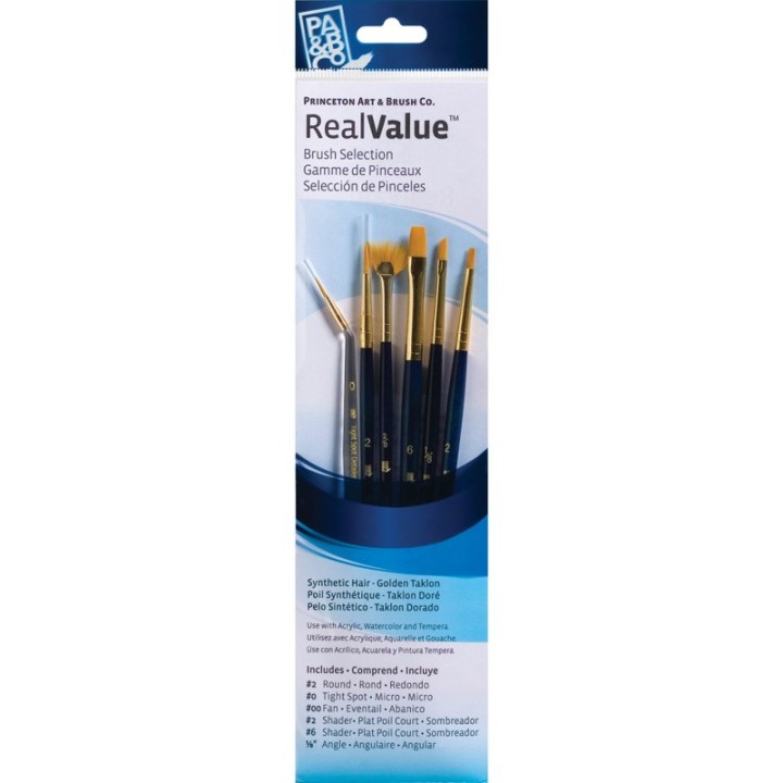 Princeton RealValue Brush Set, Gold Taklon Bristles, Short Handle Mixed Media Paintbrush, Dark Blue, 6 Pieces