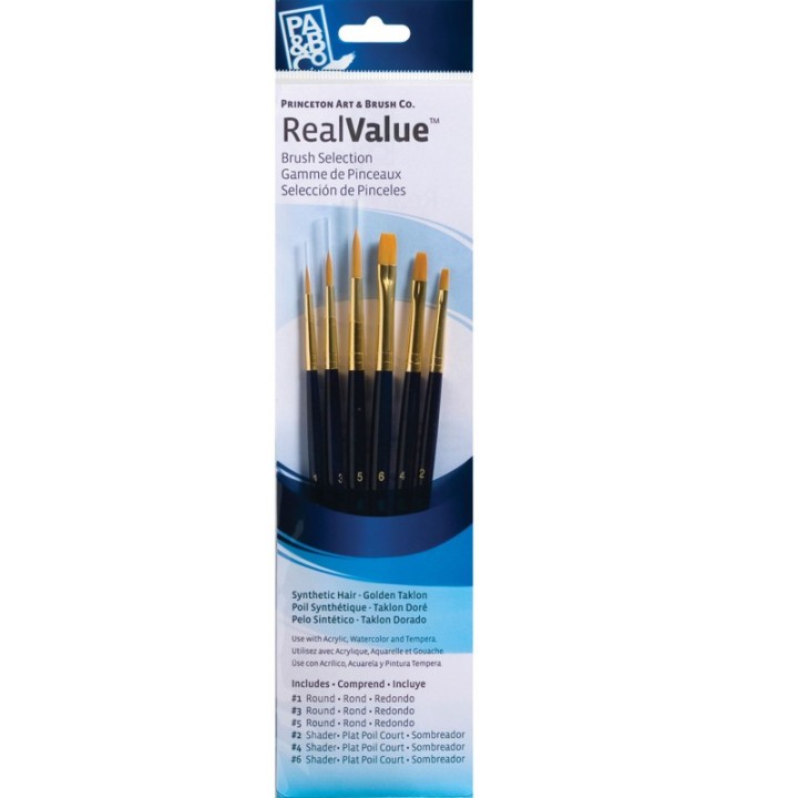 Princeton RealValue Brush Set, Gold Taklon Bristles, Short Handle Mixed Media Paintbrush, Dark Blue, 6 Pieces