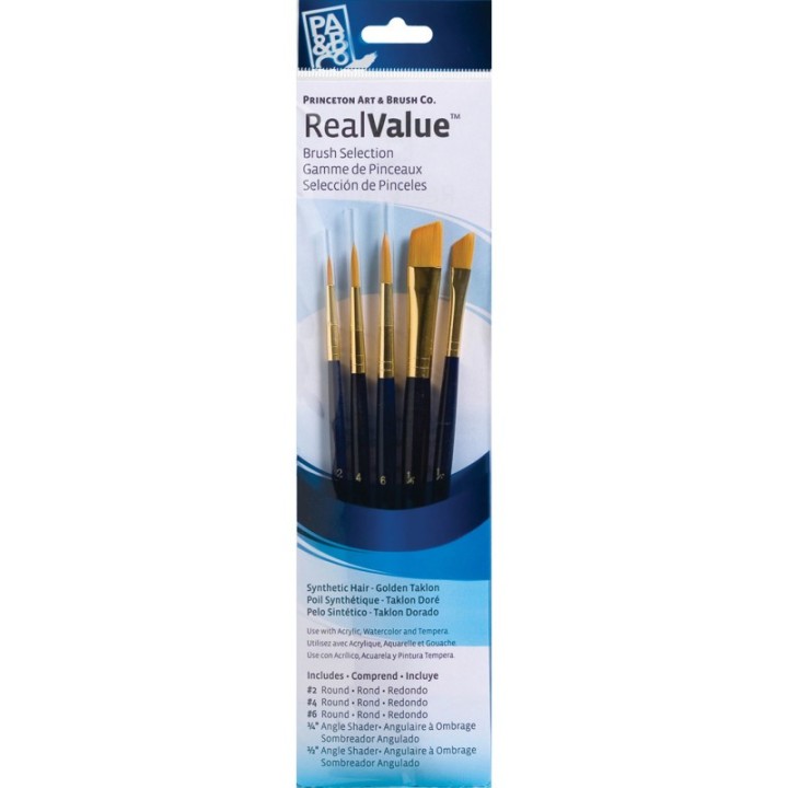 Princeton RealValue Brush Set, Gold Taklon Bristles, Short Handle Mixed Media Paintbrush, Dark Blue, 5 Pieces