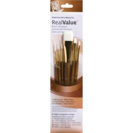 Princeton RealValue Brush Set, White Taklon Bristles, Short Handle Mixed Media Paintbrush, Brown, 6 Pieces