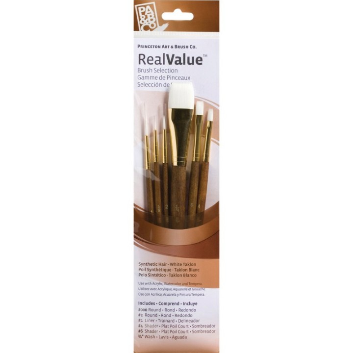 Princeton RealValue Brush Set, White Taklon Bristles, Short Handle Mixed Media Paintbrush, Brown, 6 Pieces
