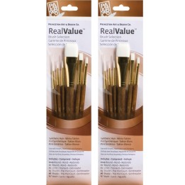 Princeton RealValue Brush Set, White Taklon Bristles, Short Handle Mixed Media Paintbrush, Brown, 6 Per Set, 2 Sets