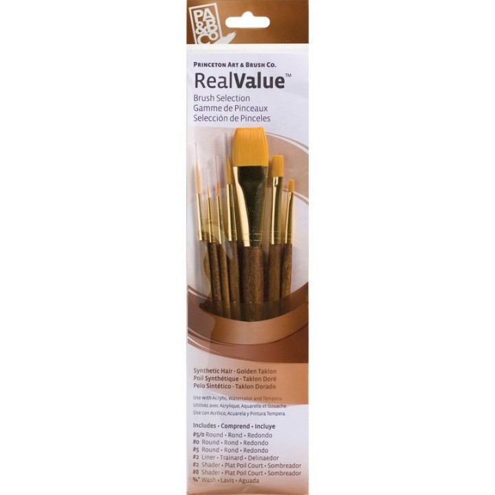 Princeton RealValue Brush Set, Gold Taklon Bristles, Short Handle Mixed Media Paintbrush, Brown, 7 Pieces