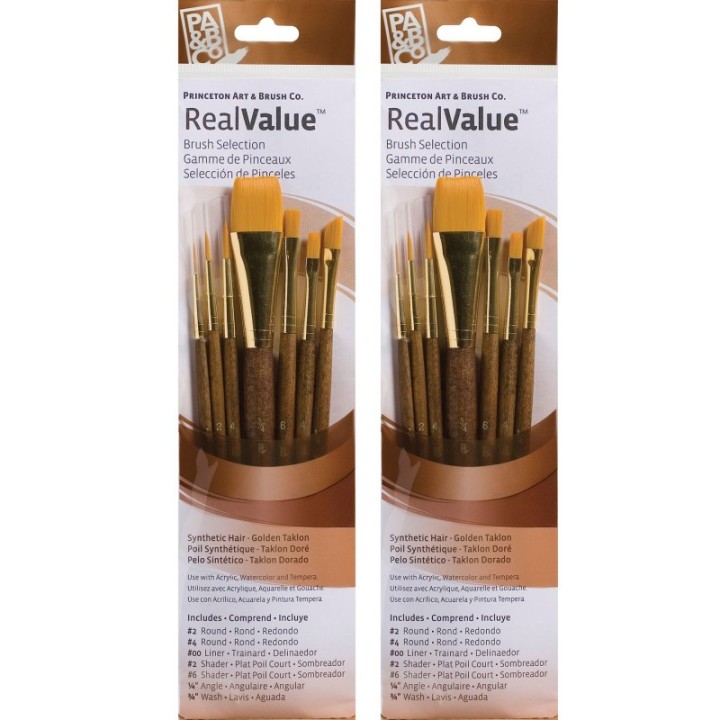 Princeton RealValue Brush Set, Gold Taklon Bristles, Short Handle Mixed Media Paintbrush, Brown, 7 Per Set, 2 Sets