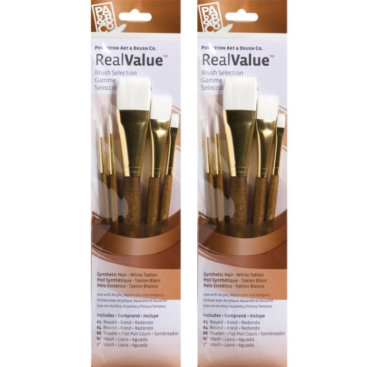 Princeton RealValue Brush Set, White Taklon Bristles, Short Handle Mixed Media Paintbrush, Brown, 5 Per Set, 2 Sets