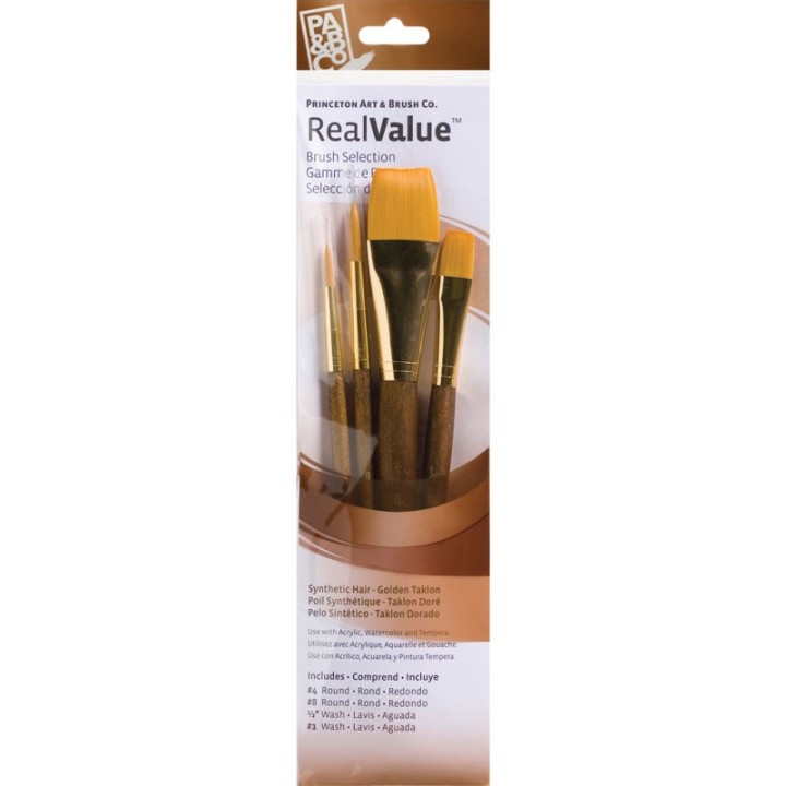 Princeton RealValue Brush Set, Gold Taklon Bristles, Short Handle Mixed Media Paintbrush, Brown, 4 Pieces