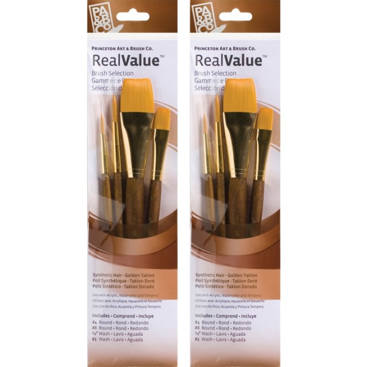 Princeton RealValue Brush Set, Gold Taklon Bristles, Short Handle Mixed Media Paintbrush, Brown, 4 Per Set, 2 Sets
