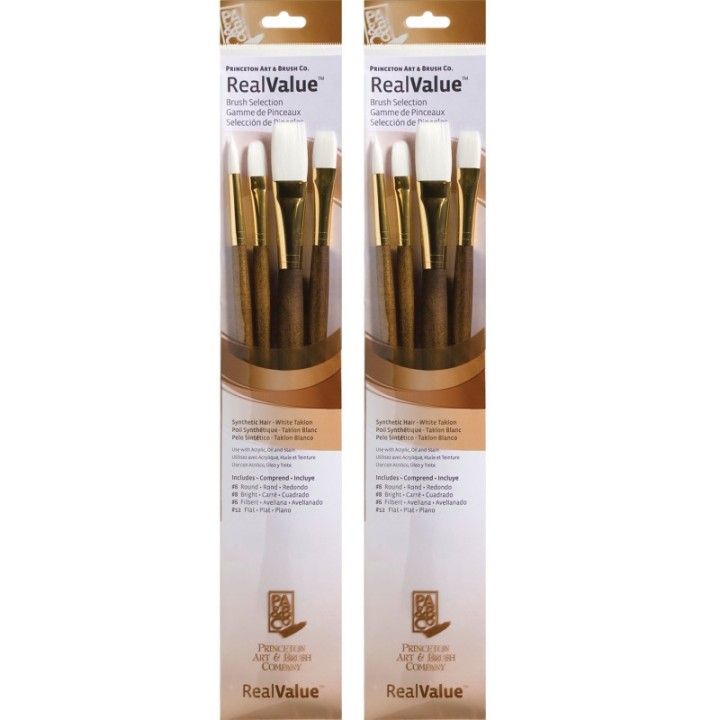 Princeton RealValue Brush Set, White Taklon Bristles, Long Handle Mixed Media Paintbrush, Brown, 4 Per Set, 2 Sets
