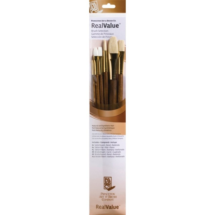 Princeton RealValue Brush Set, Natural Bristles, Long Handle Mixed Media Paintbrush, Brown, 6 Pieces