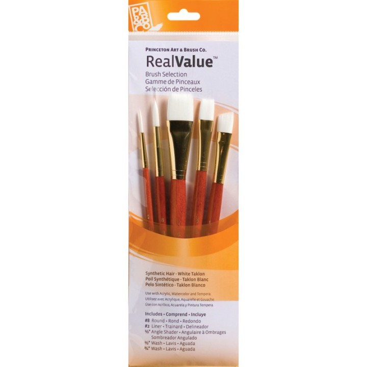 Princeton RealValue Brush Set, White Taklon Bristles, Short Handle Mixed Media Paintbrush, Orange, 5 Pieces