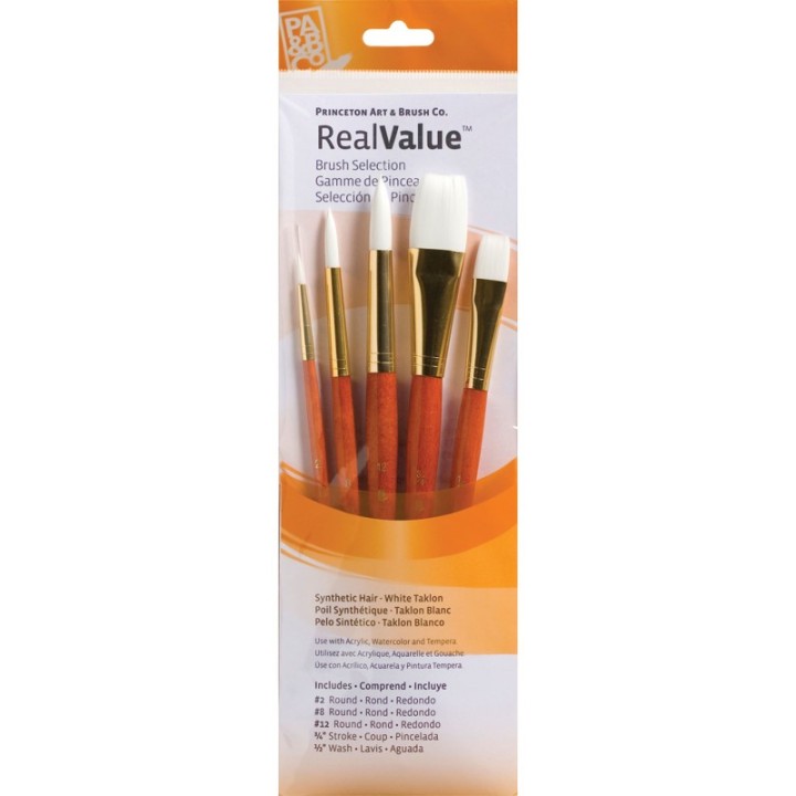 Princeton RealValue Brush Set, White Taklon Bristles, Short Handle Mixed Media Paintbrush, Orange, 5 Pieces