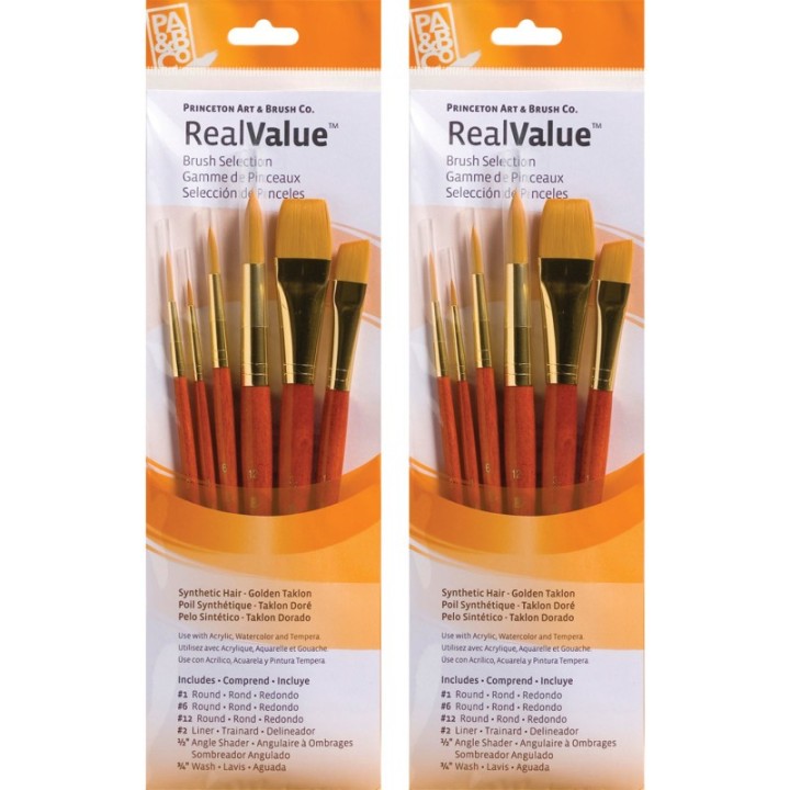 Princeton RealValue Brush Set, Gold Taklon Bristles, Short Handle Mixed Media Paintbrush, Orange, 6 Per Set, 2 Sets