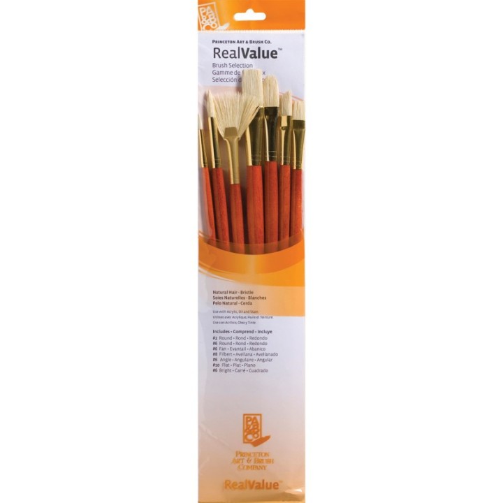 Princeton RealValue Brush Set, Natural Bristles, Long Handle Mixed Media Paintbrush, Orange, 7 Pieces