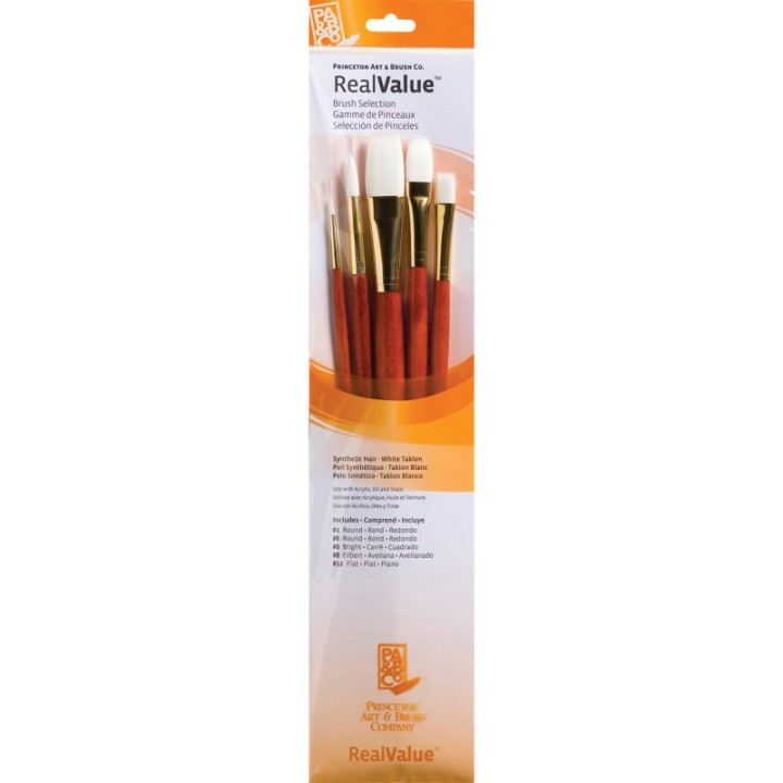 Princeton RealValue Brush Set, White Taklon Bristles, Long Handle Mixed Media Paintbrush, Orange, 5 Pieces