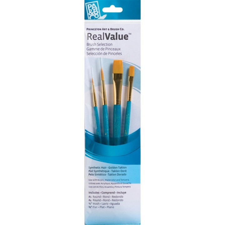 Princeton RealValue Brush Set, Gold Taklon Bristles, Short Handle Mixed Media Paintbrush, Blue, 4 Pieces