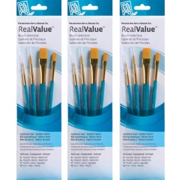 Princeton RealValue Brush Set, Gold Taklon Bristles, Short Handle Mixed Media Paintbrush, Blue, 4 Per Set, 3 Sets