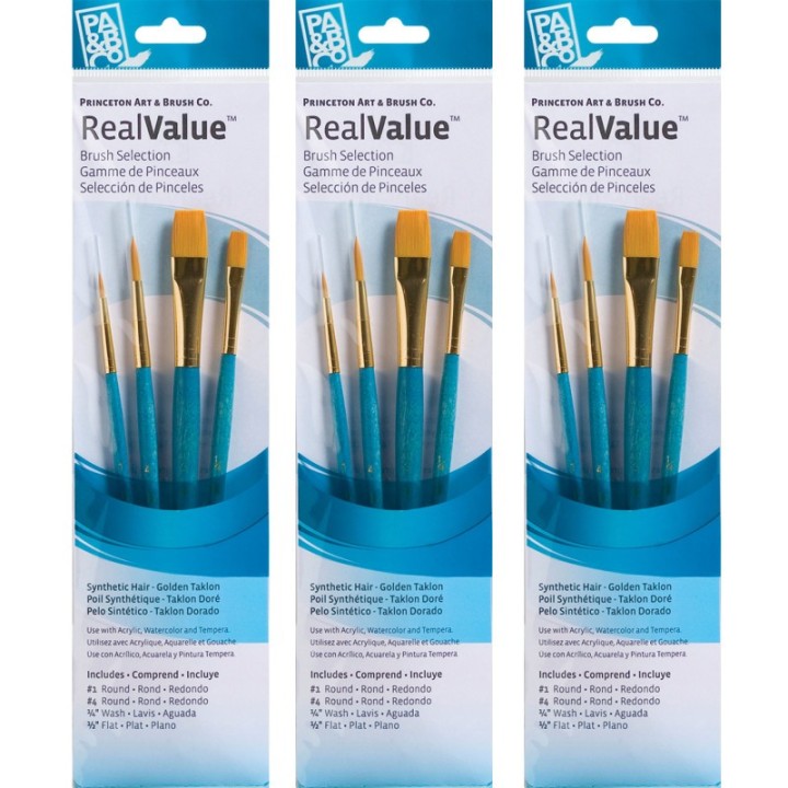 Princeton RealValue Brush Set, Gold Taklon Bristles, Short Handle Mixed Media Paintbrush, Blue, 4 Per Set, 3 Sets
