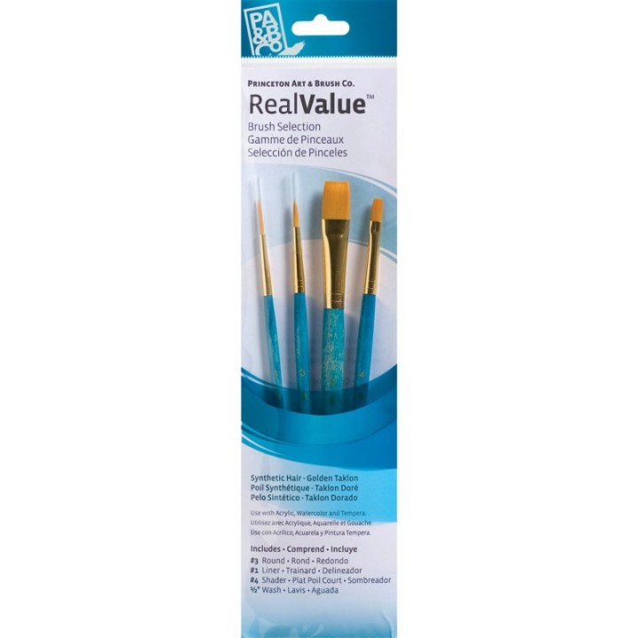 Princeton RealValue Brush Set, Gold Taklon Bristles, Short Handle Mixed Media Paintbrush, Blue, 4 Pieces