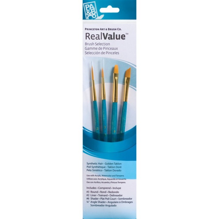 Princeton RealValue Brush Set, Gold Taklon Bristles, Short Handle Mixed Media Paintbrush, Blue, 4 Pieces