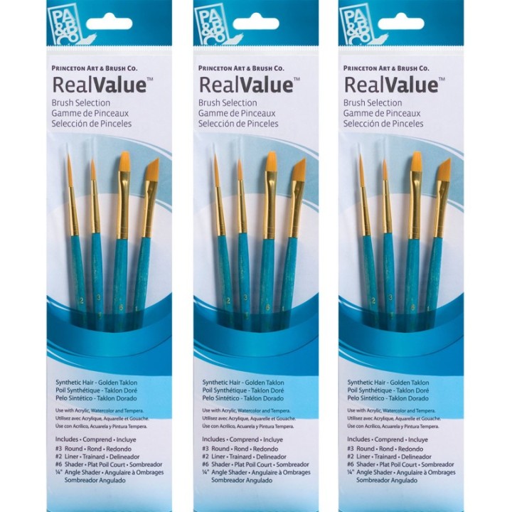 Princeton RealValue Brush Set, Gold Taklon Bristles, Short Handle Mixed Media Paintbrush, Blue, 4 Per Set, 3 Sets