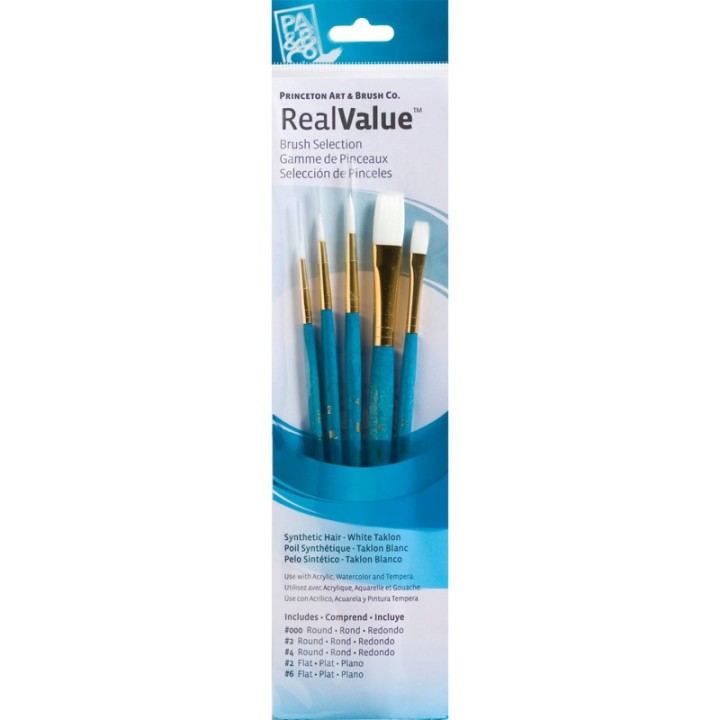 Princeton RealValue Brush Set, White Taklon Bristles, Short Handle Mixed Media Paintbrush, Blue, 5 Pieces
