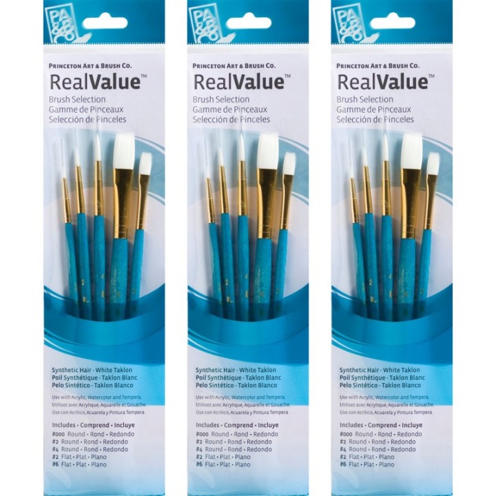 Princeton RealValue Brush Set, White Taklon Bristles, Short Handle Mixed Media Paintbrush, Blue, 5 Per Set, 3 Sets