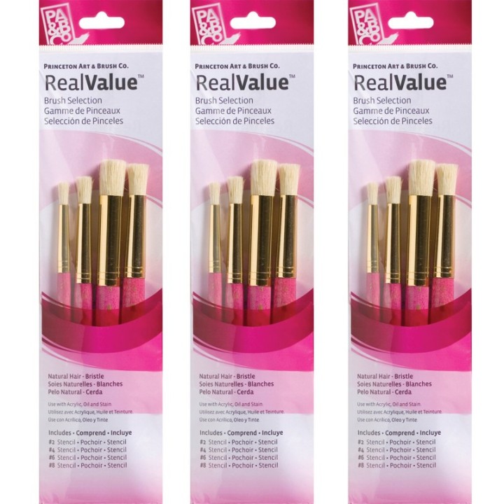 Princeton RealValue Stencil Brush Set, Natural Bristles, Short Handle Mixed Media Paintbrush, Pink, 4 Per Set, 3 Sets