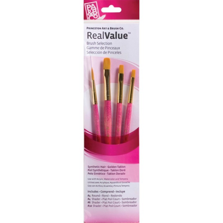 Princeton RealValue Brush Set, Gold Taklon Bristles, Short Handle Mixed Media Paintbrush, Pink, 4 Pieces