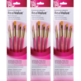 Princeton RealValue Brush Set, Gold Taklon Bristles, Short Handle Mixed Media Paintbrush, Pink, 4 Per Set, 3 Sets