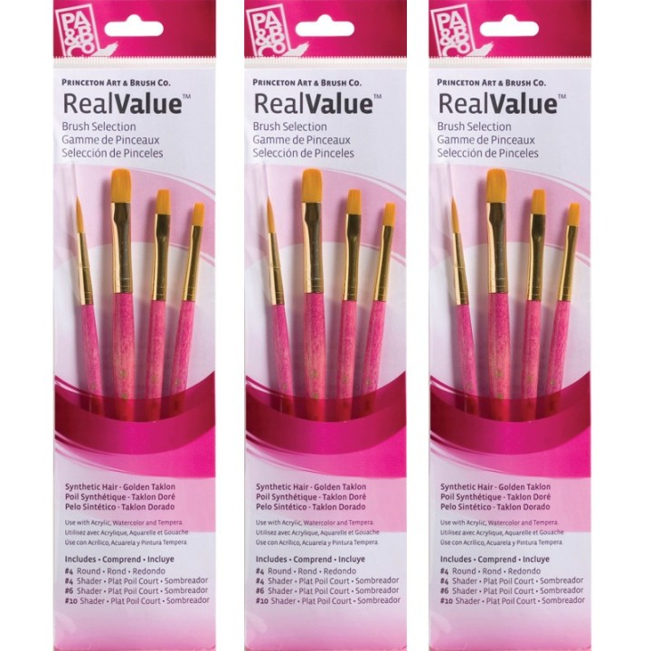 Princeton RealValue Brush Set, Gold Taklon Bristles, Short Handle Mixed Media Paintbrush, Pink, 4 Per Set, 3 Sets