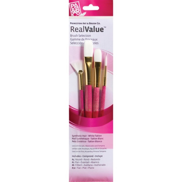 Princeton RealValue Brush Set, White Taklon Bristles, Short Handle Mixed Media Paintbrush, Pink, 4 Pieces