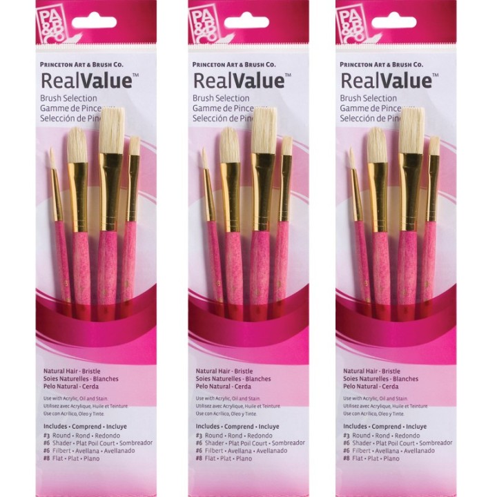 Princeton RealValue Brush Set, Natural Bristles, Short Handle Mixed Media Paintbrush, Pink, 4 Per Set, 3 Sets