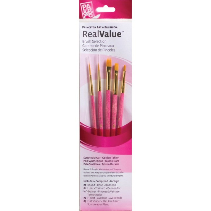 Princeton RealValue Brush Set, Gold Taklon Bristles, Short Handle Mixed Media Paintbrush, Pink, 5 Pieces